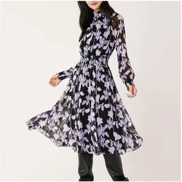 OPT purple floral chiffon long sleeve midi dress size S - Picture 1 of 10